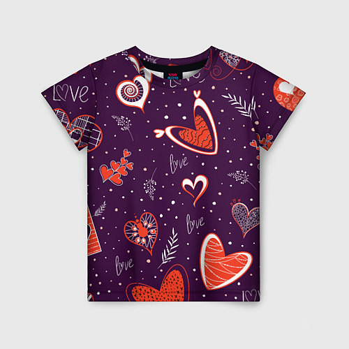 Детская футболка Красно-белые сердечки и слово love на темно фиолет / 3D-принт – фото 1
