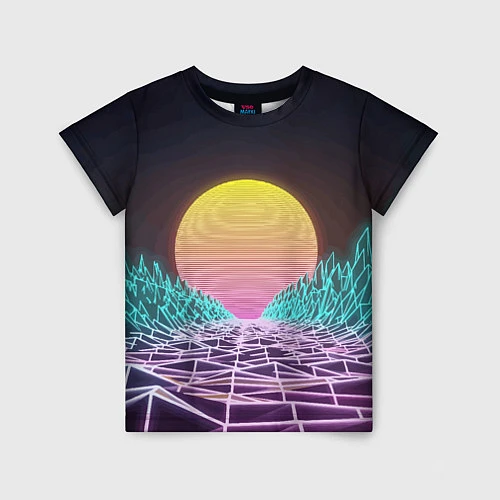 Детская футболка Vaporwave Закат солнца в горах Neon / 3D-принт – фото 1