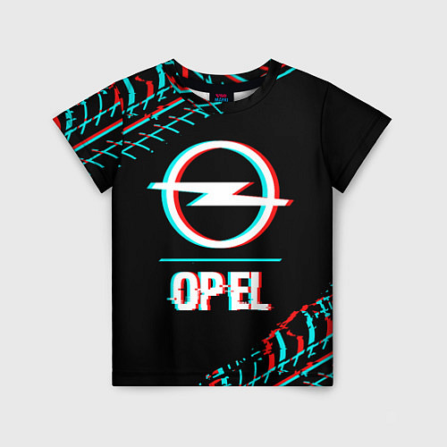 Детская футболка Значок Opel в стиле Glitch на темном фоне / 3D-принт – фото 1