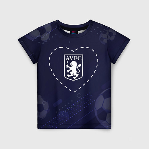 Детская футболка Лого Aston Villa в сердечке на фоне мячей / 3D-принт – фото 1