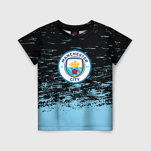 Детская футболка Манчестер сити голубые брызги на черном фоне / 3D-принт – фото 1