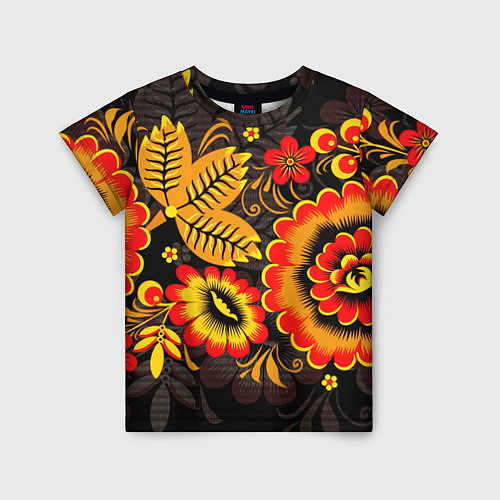Детская футболка Хохломская Роспись Цветы На Тёмном Фоне / 3D-принт – фото 1