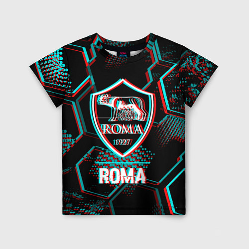 Детская футболка Roma FC в стиле Glitch на темном фоне / 3D-принт – фото 1