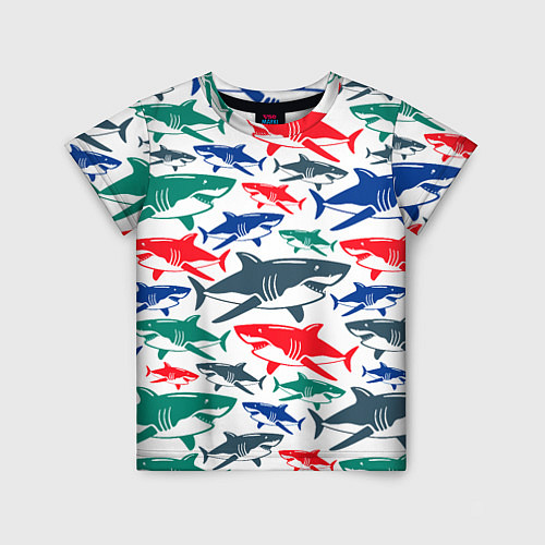 Детская футболка Стая разноцветных акул - паттерн / 3D-принт – фото 1