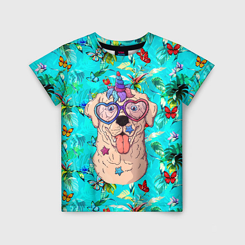 Детская футболка Собачка - единорог на фоне цветов / 3D-принт – фото 1