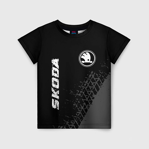 Детская футболка Skoda speed на темном фоне со следами шин: символ / 3D-принт – фото 1