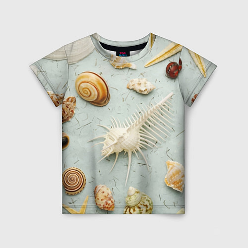 Детская футболка Океанские ракушки и морские звёзды на песке / 3D-принт – фото 1