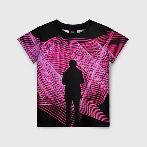 Детская футболка Неоновые розовые волны и силуэт человека / 3D-принт – фото 1