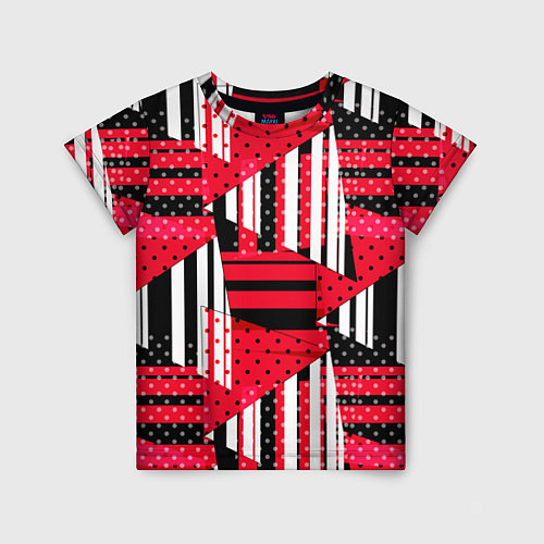 Детская футболка Красный, черный и белый горошек и полоска, пэчворк / 3D-принт – фото 1