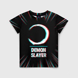 Детская футболка Символ Demon Slayer в стиле glitch на темном фоне