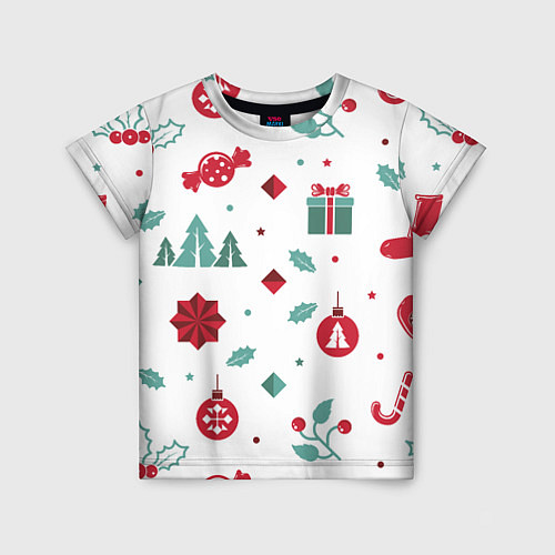 Детская футболка Новый год подарки, конфеты, ёлочные шары / 3D-принт – фото 1