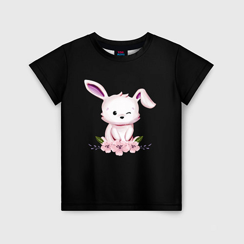 Детская футболка Крольчонок С Цветами На Чёрном Фоне / 3D-принт – фото 1