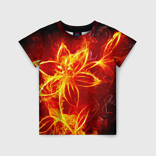 Детская футболка Цветок из огня на чёрном фоне / 3D-принт – фото 1