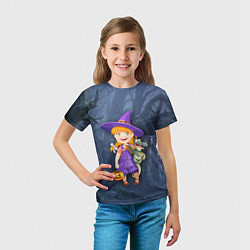 Футболка детская Ведьма малолетка в тёмном лесу с дракончиком, цвет: 3D-принт — фото 2