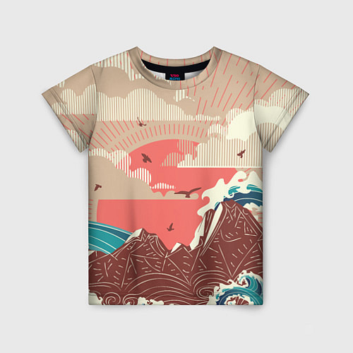 Детская футболка Большие океанские волны и скалистый остров на зака / 3D-принт – фото 1