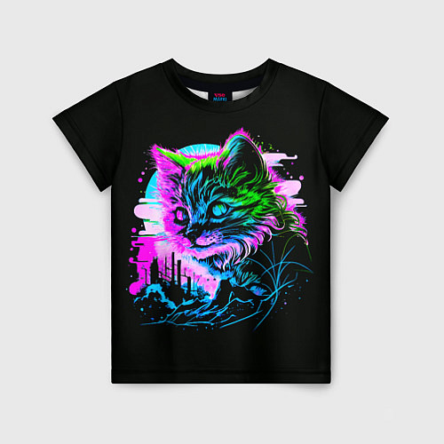 Детская футболка Неоновый котёнок поп-арт / 3D-принт – фото 1