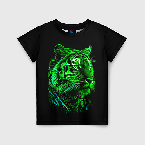 Детская футболка Нейросеть: неоновый зелёный тигр / 3D-принт – фото 1