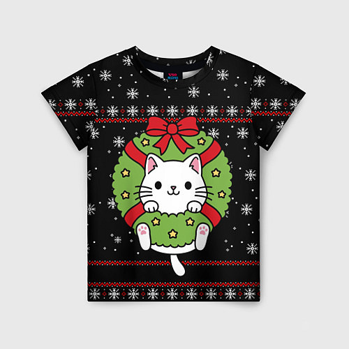 Детская футболка Рождественский венок с котиком / 3D-принт – фото 1