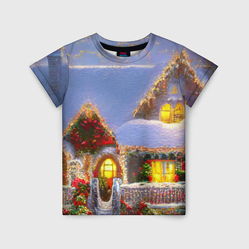 Детская футболка Украшенный новогодний коттедж и снежные сугробы / 3D-принт – фото 1
