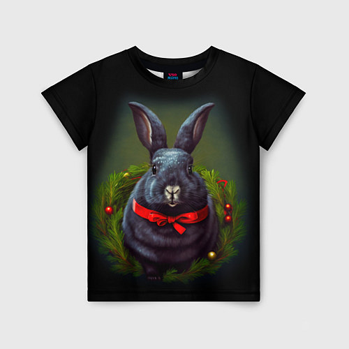 Детская футболка Черный водяной кролик с ленточкой / 3D-принт – фото 1