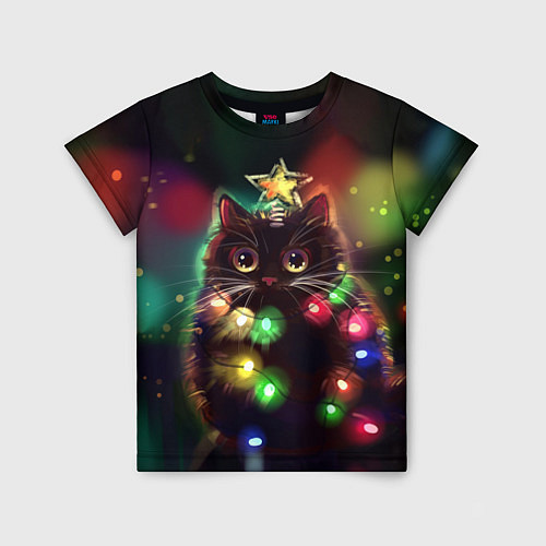 Детская футболка Новогодний котик с гирляндой / 3D-принт – фото 1