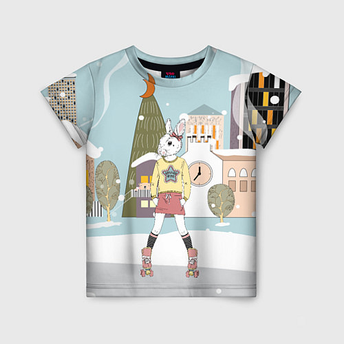 Детская футболка Зайчиха на роликах на фоне елочки / 3D-принт – фото 1