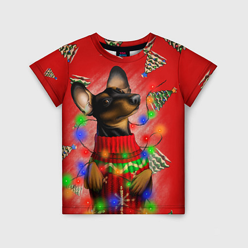 Детская футболка Новогодняя такса на красном фоне с ёлками / 3D-принт – фото 1