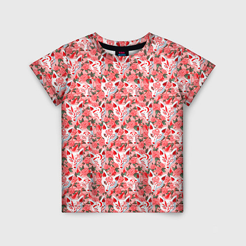Детская футболка Маски лисиц кицунэ и цветущая камелия / 3D-принт – фото 1