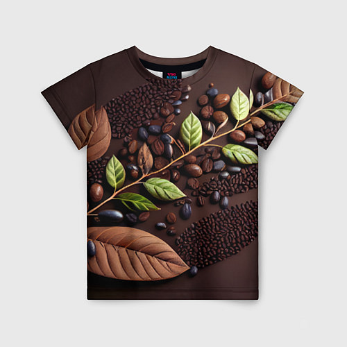 Детская футболка Кофейные зерна и листья чая / 3D-принт – фото 1