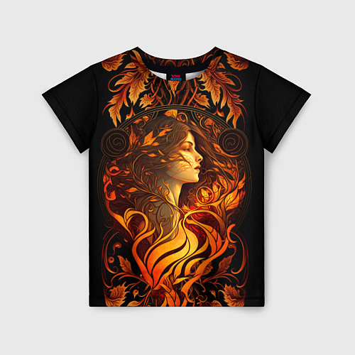 Детская футболка Девушка в стиле ар-нуво с огнем и осенними листьям / 3D-принт – фото 1