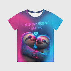 Футболка детская Влюбленные ленивцы обнимаются на фоне неонового се, цвет: 3D-принт