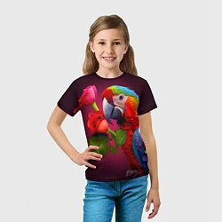 Футболка детская Попугай ара с цветами, цвет: 3D-принт — фото 2