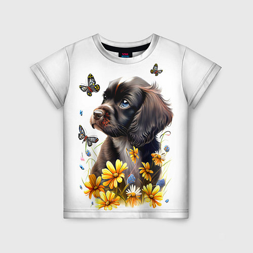 Детская футболка Черный щенок и жёлтые полевые цветы / 3D-принт – фото 1