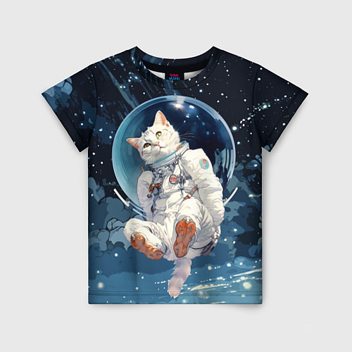 Детская футболка Белый кот космонавт в невесомости / 3D-принт – фото 1