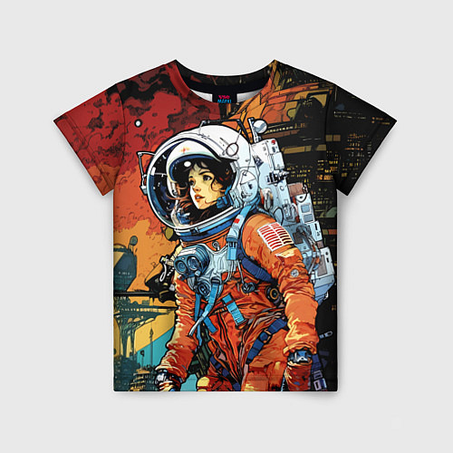 Детская футболка Девушка космонавт в фантастическом городе / 3D-принт – фото 1