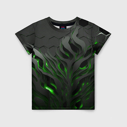 Детская футболка Объемные черные и зеленые линии / 3D-принт – фото 1