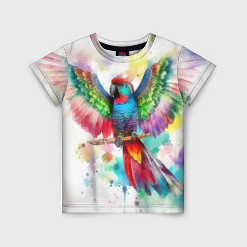 Детская футболка Разноцветный акварельный попугай с расправленными / 3D-принт – фото 1