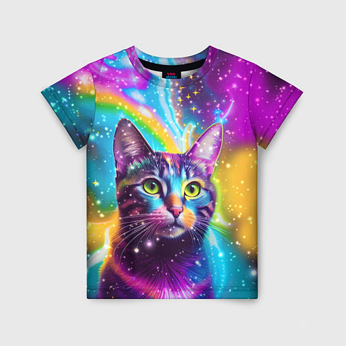 Детская футболка Полосатый кот с разноцветной звездной туманностью / 3D-принт – фото 1