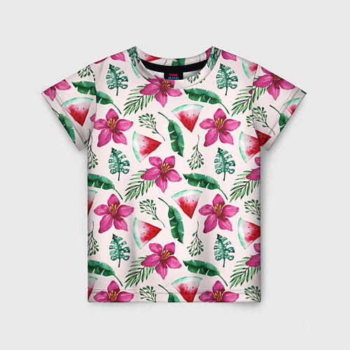 Детская футболка Арбузы, цветы и тропические листья / 3D-принт – фото 1