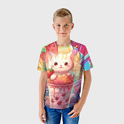 Футболка детская Котик в клубничком коктейле, цвет: 3D-принт — фото 2