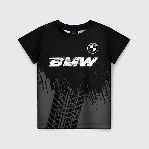 Детская футболка BMW speed на темном фоне со следами шин: символ св / 3D-принт – фото 1