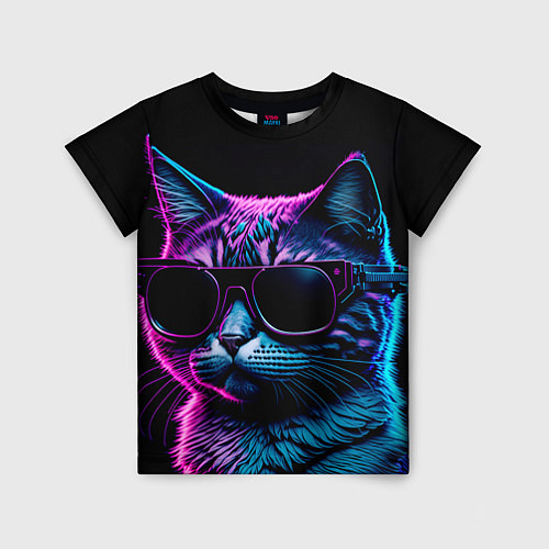 Детская футболка Неоновый котик в очках / 3D-принт – фото 1