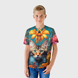 Футболка детская Дикая кошка в цветах, цвет: 3D-принт — фото 2