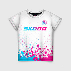 Футболка детская Skoda neon gradient style: символ сверху, цвет: 3D-принт