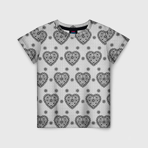 Детская футболка Черное кружево с сердцами / 3D-принт – фото 1
