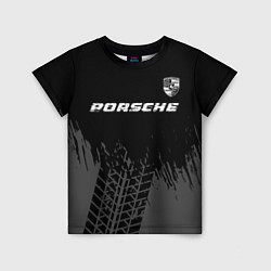 Детская футболка Porsche speed на темном фоне со следами шин: симво