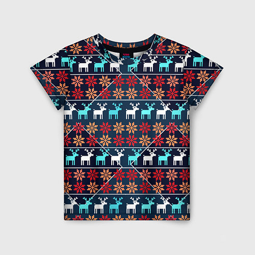 Детская футболка Новогодние олени и снежинки узор / 3D-принт – фото 1