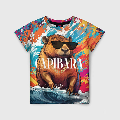 Детская футболка Капибара в очках на красочных волнах / 3D-принт – фото 1