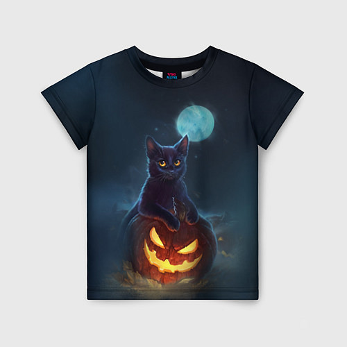 Детская футболка Кот с тыквой - хэллоуин / 3D-принт – фото 1