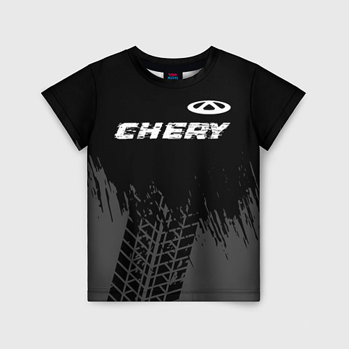 Детская футболка Chery speed на темном фоне со следами шин: символ / 3D-принт – фото 1